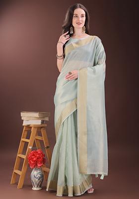 Sky Blue Printed Organza Saree  Set