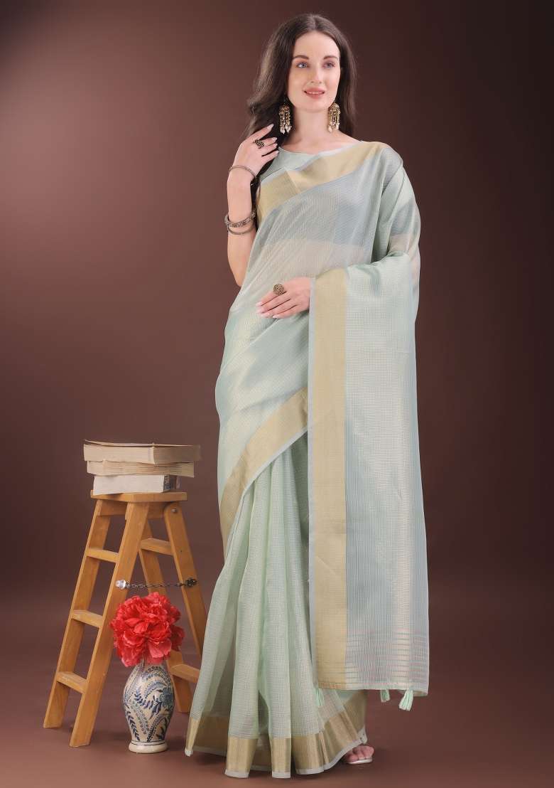Sky Blue Printed Organza Saree  Set - Indya