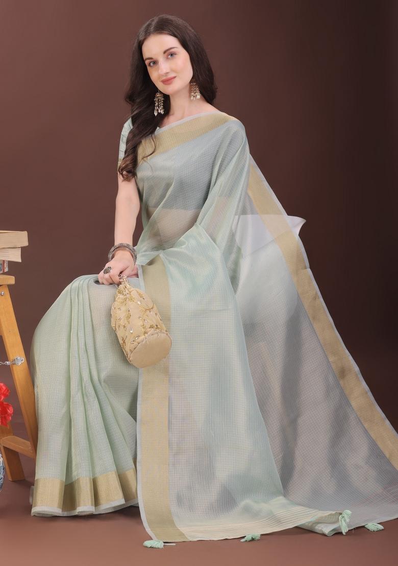 Sky Blue Printed Organza Saree  Set