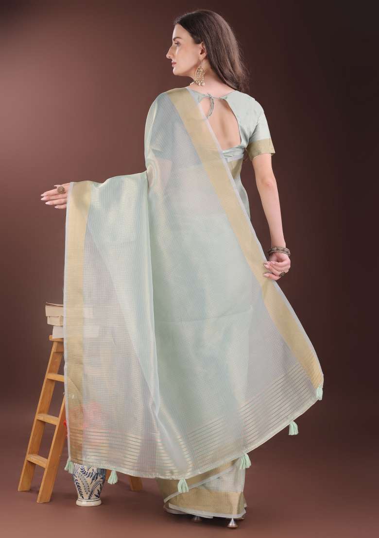 Sky Blue Printed Organza Saree  Set - Indya