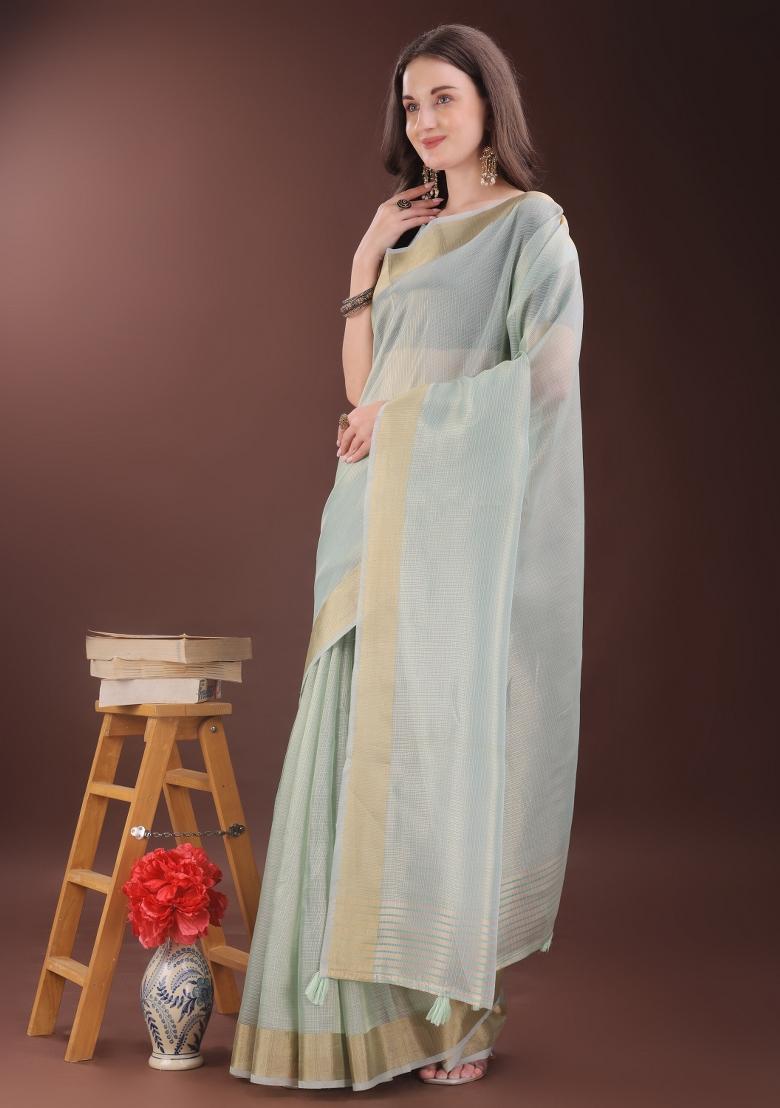 Sky Blue Printed Organza Saree  Set