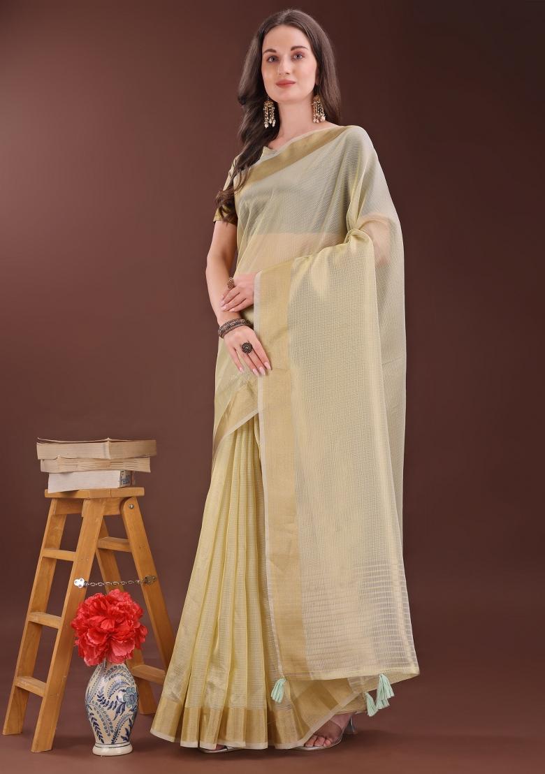 Light Yellow Printed Organza Saree Set
