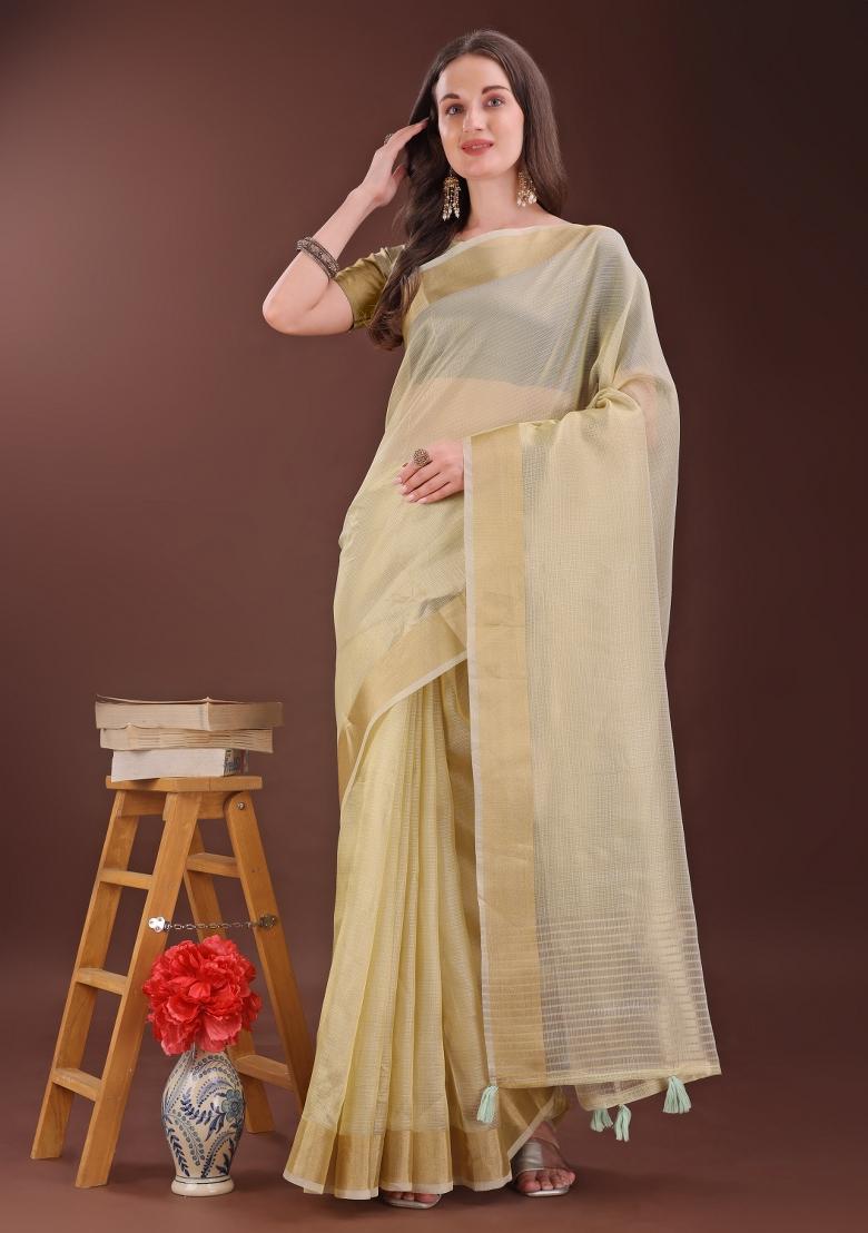 Light Yellow Printed Organza Saree  Set