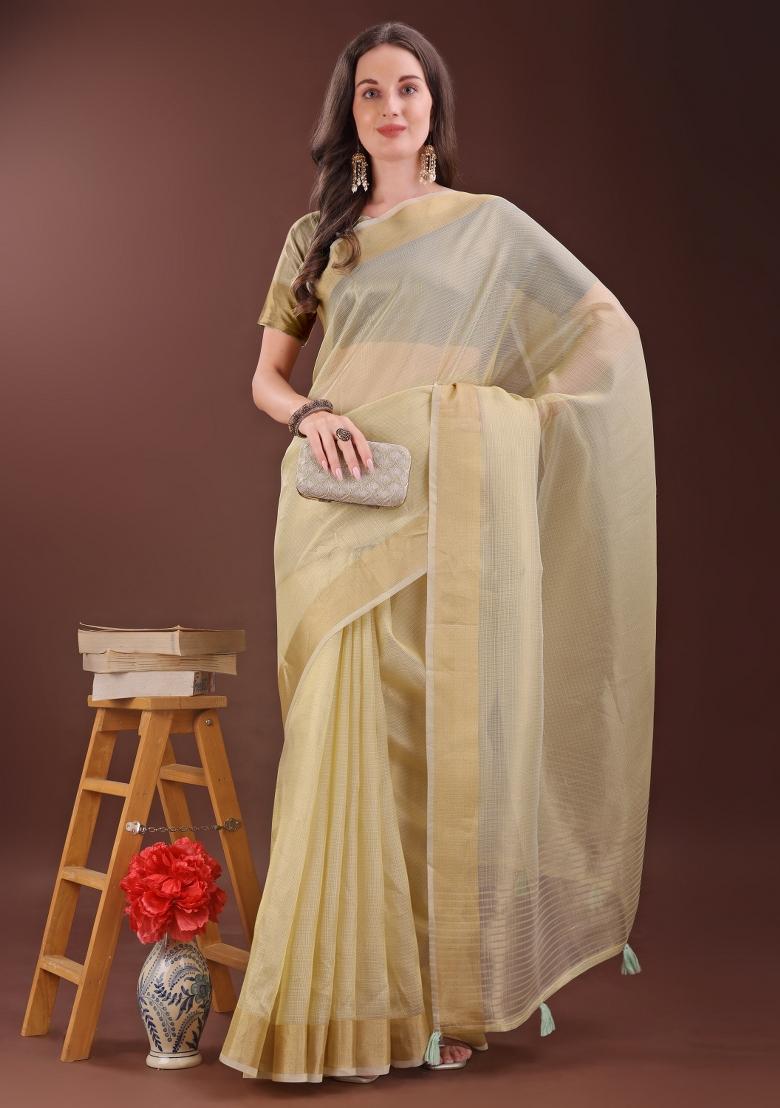 Light Yellow Printed Organza Saree  Set