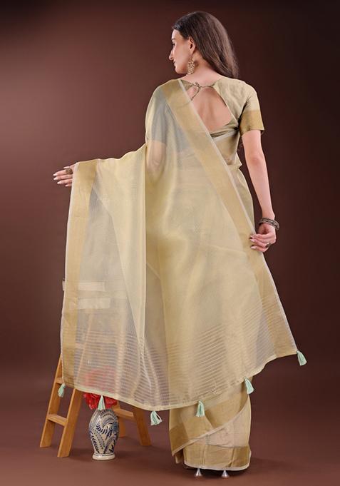 Light Yellow Printed Organza Saree Set