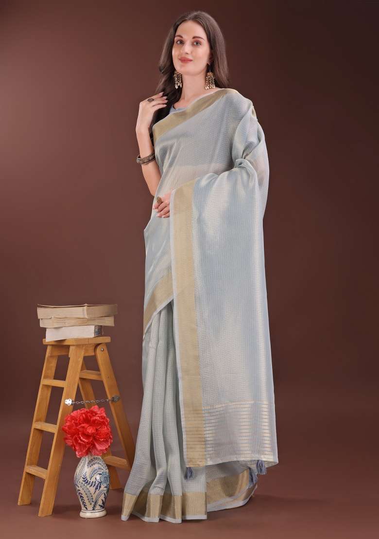 Grey Printed Organza Saree  Set - Indya