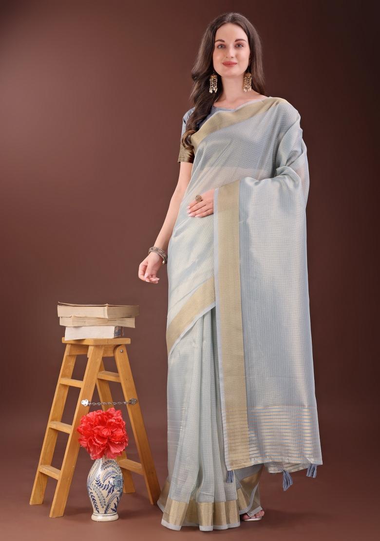 Grey Printed Organza Saree  Set
