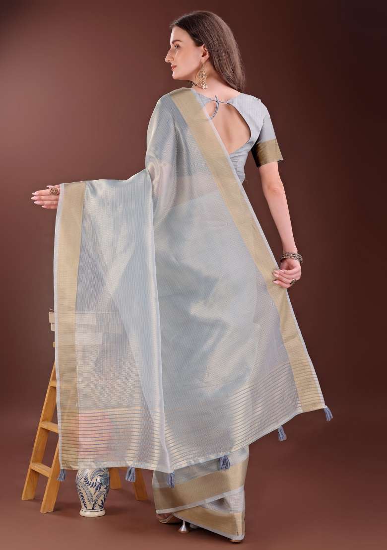 Grey Printed Organza Saree  Set - Indya