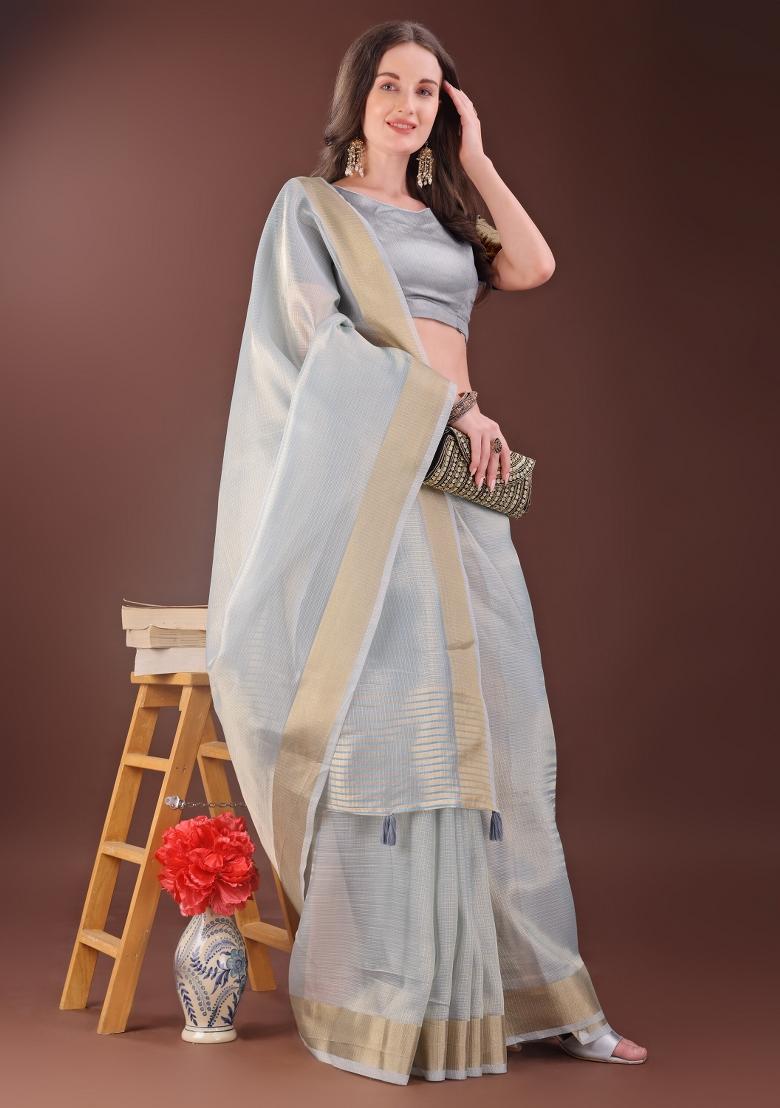 Grey Printed Organza Saree  Set