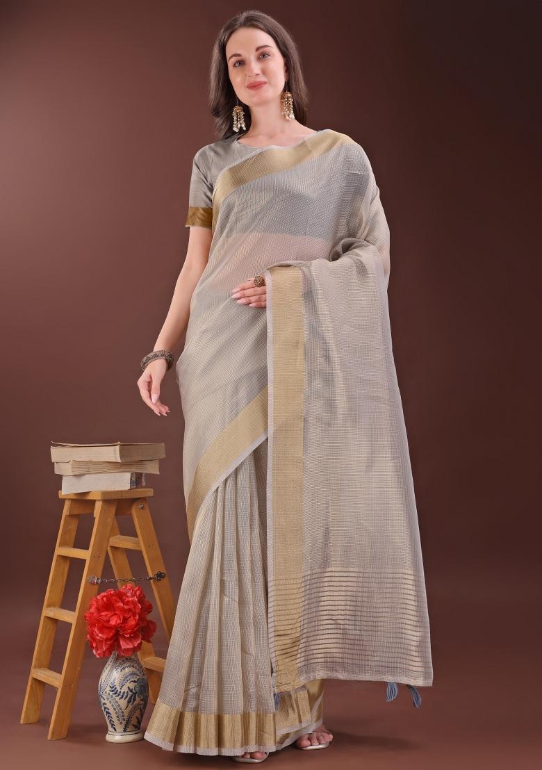 Brown Printed Organza Saree  Set