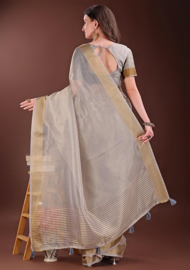 Brown Printed Organza Saree  Set