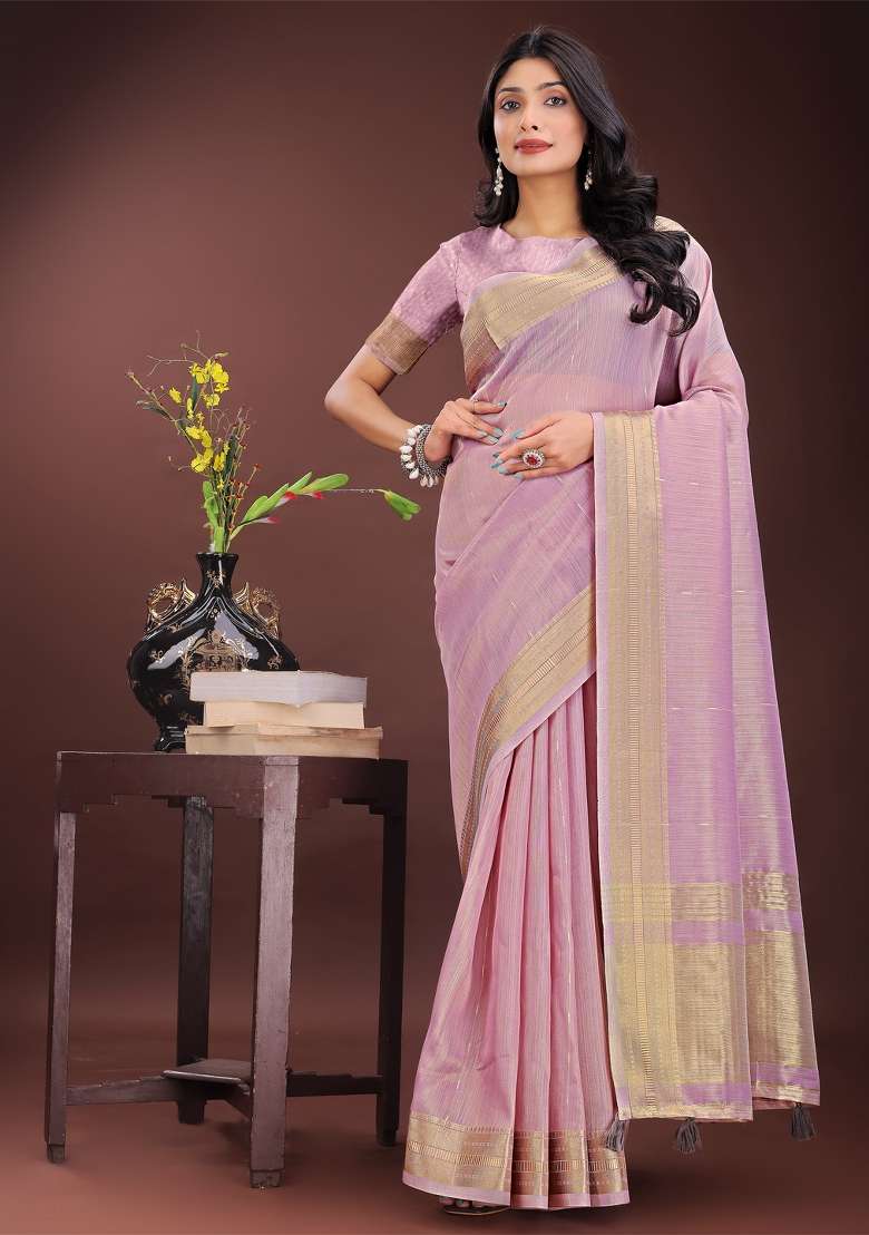 Purple Printed Organza Saree  Set - Indya