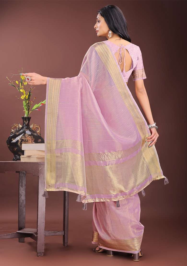 Purple Printed Organza Saree  Set - Indya