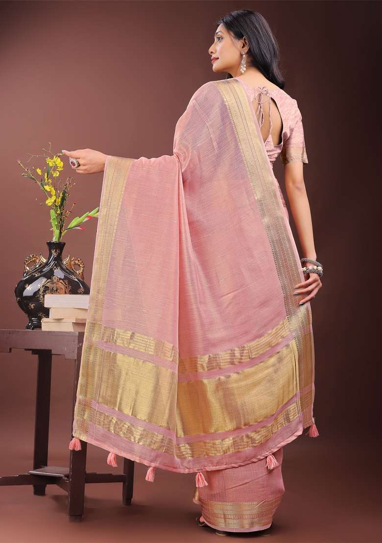Light Pink Printed Organza Saree  Set - Indya