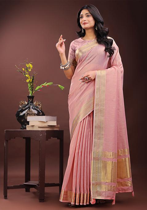Light Pink Printed Organza Saree  Set