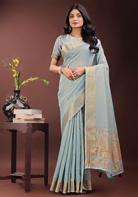 Sky Blue Printed Organza Saree  Set