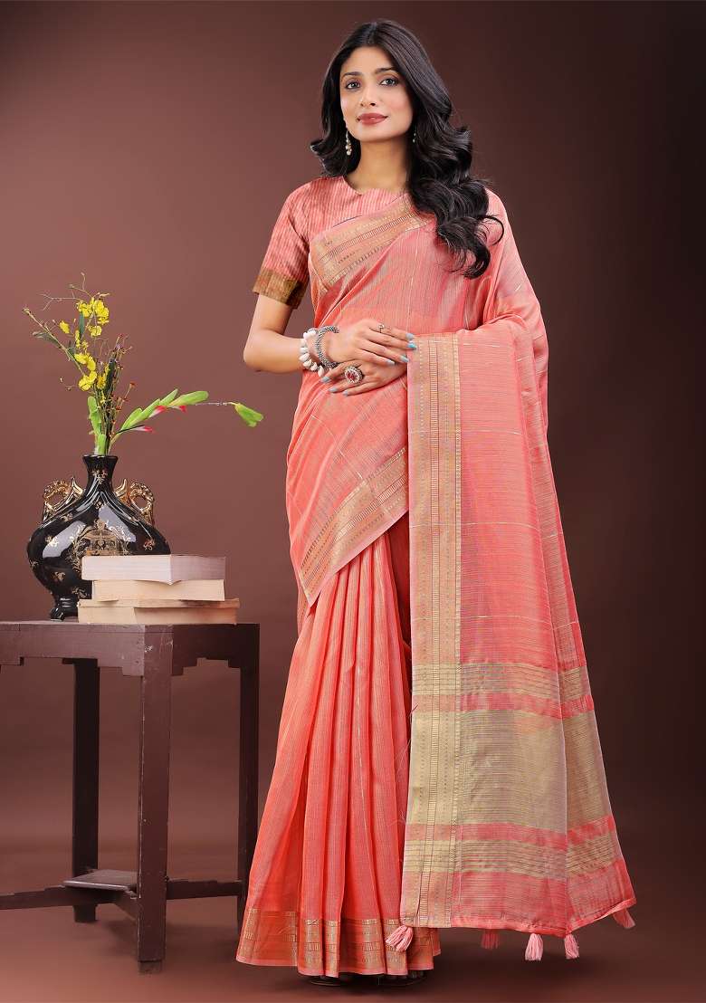 Peach Printed Organza Saree  Set - Indya