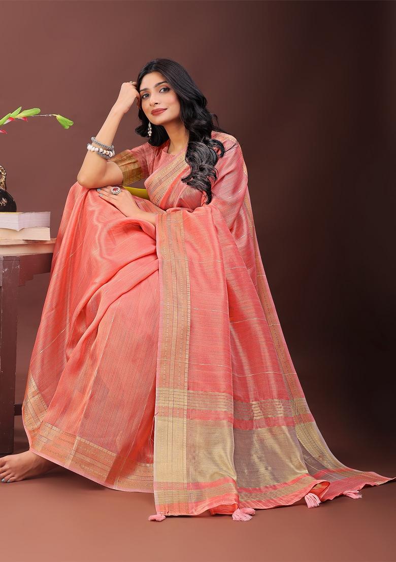 Peach Printed Organza Saree  Set