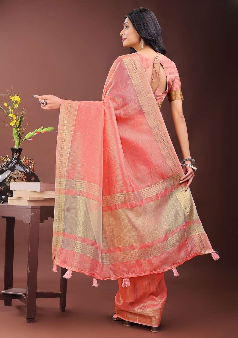 Peach Printed Organza Saree  Set - Indya