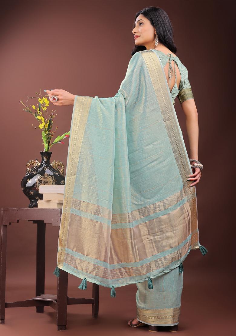 Olive Green Printed Organza Saree Set