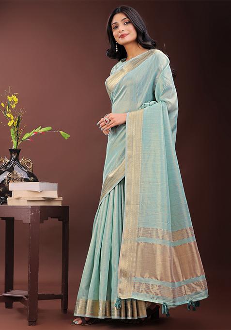 Olive Green Printed Organza Saree Set