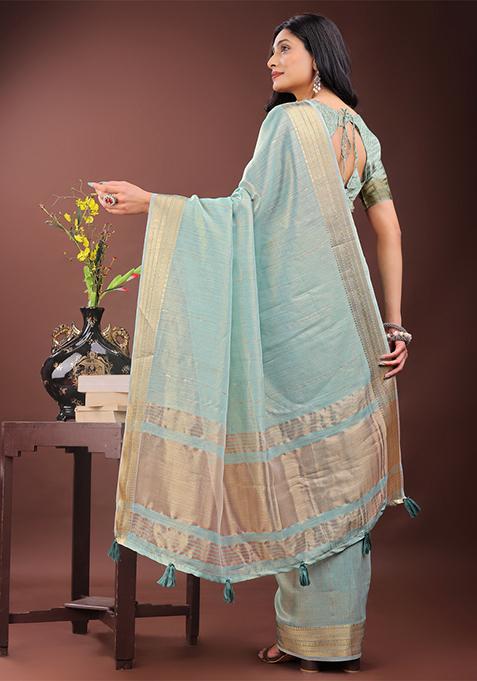 Olive Green Printed Organza Saree Set