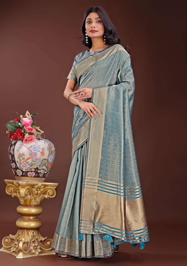 Sky Blue Printed Organza Saree  Set