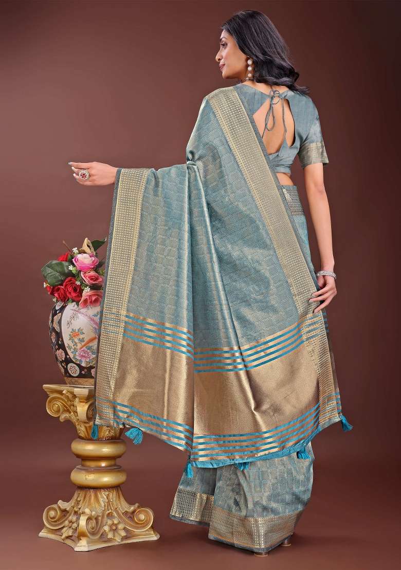 Sky Blue Printed Organza Saree  Set - Indya