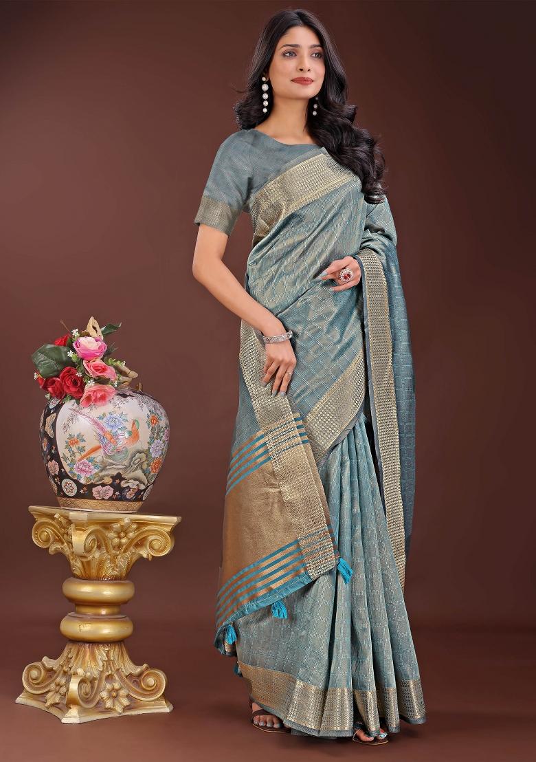 Sky Blue Printed Organza Saree  Set