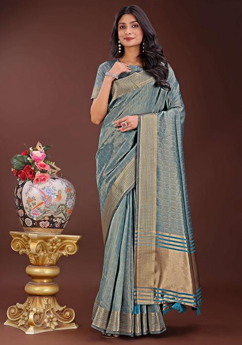 Sky Blue Printed Organza Saree  Set