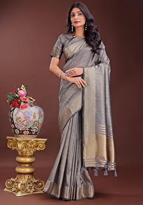 Grey Printed Organza Saree  Set