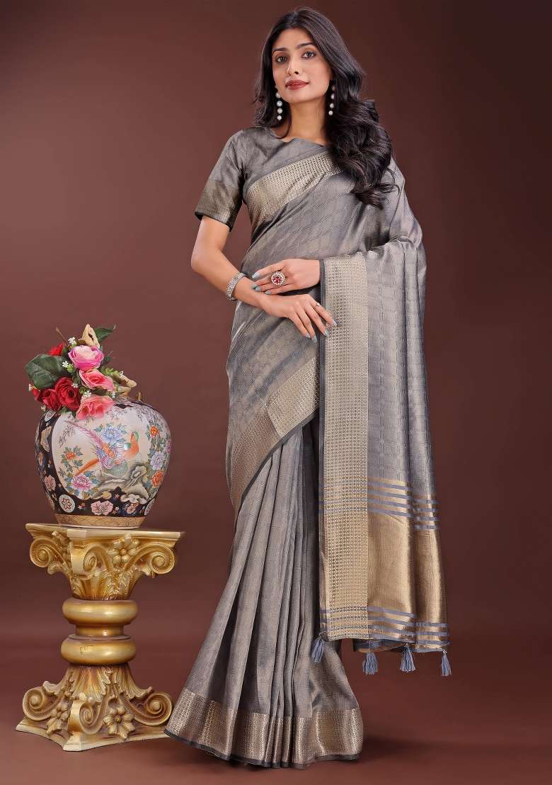 Grey Printed Organza Saree  Set - Indya