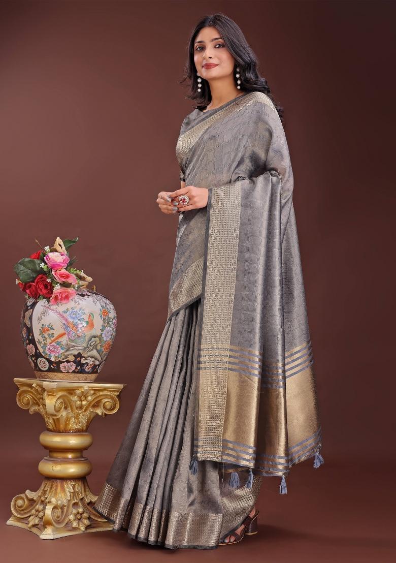 Grey Printed Organza Saree  Set