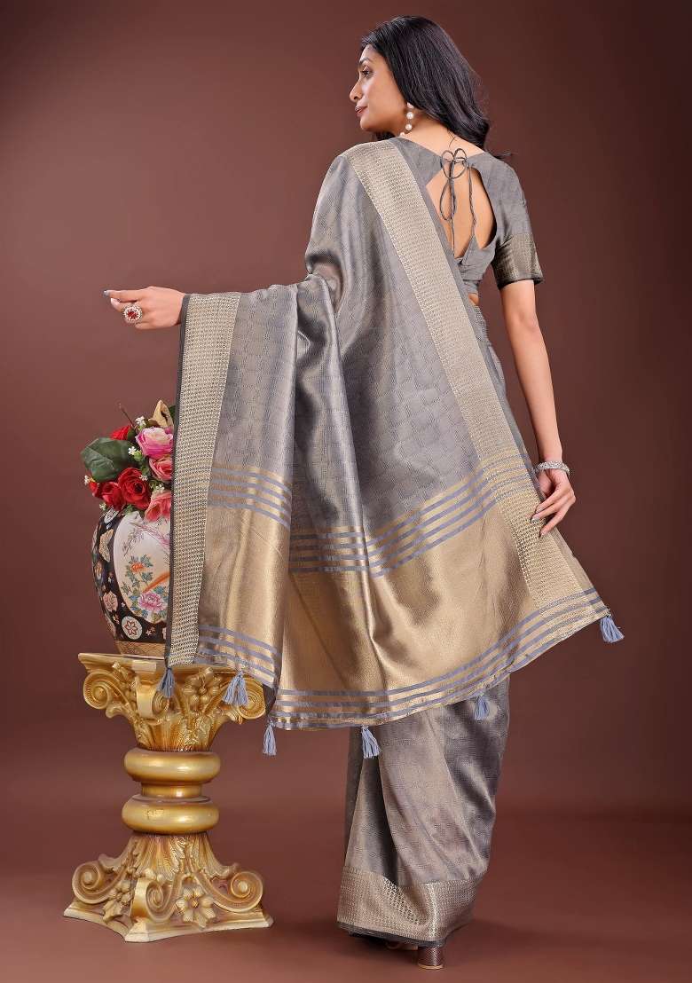 Grey Printed Organza Saree  Set - Indya