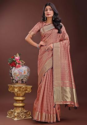 Peach Printed Organza Saree  Set