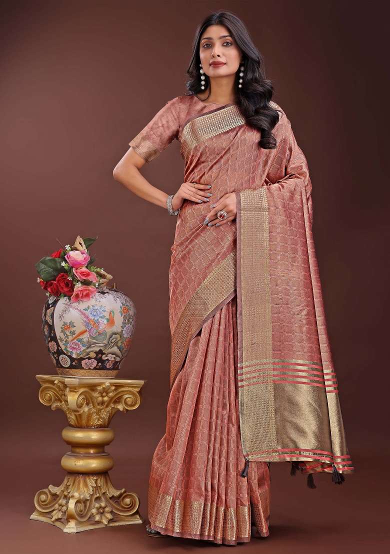 Peach Printed Organza Saree  Set - Indya