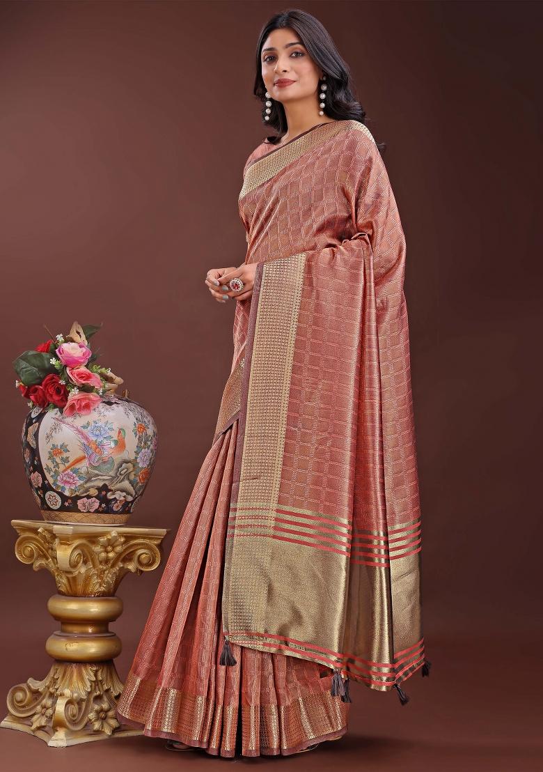 Peach Printed Organza Saree  Set