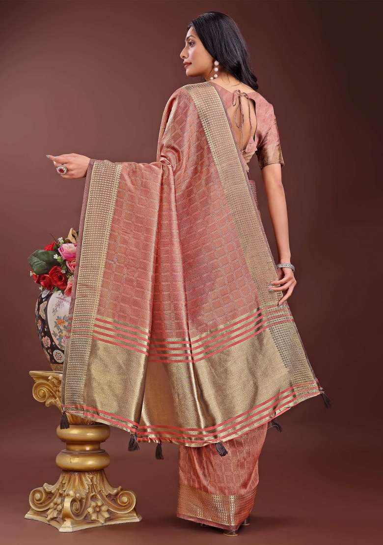 Peach Printed Organza Saree  Set - Indya