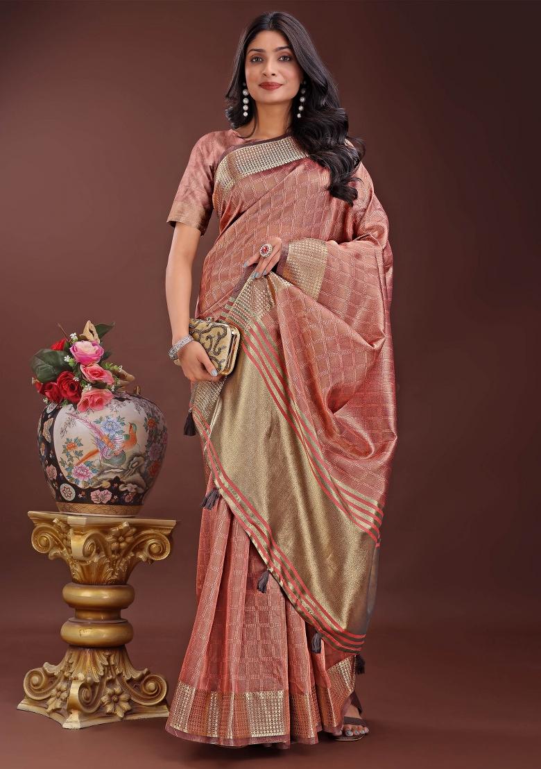 Peach Printed Organza Saree  Set