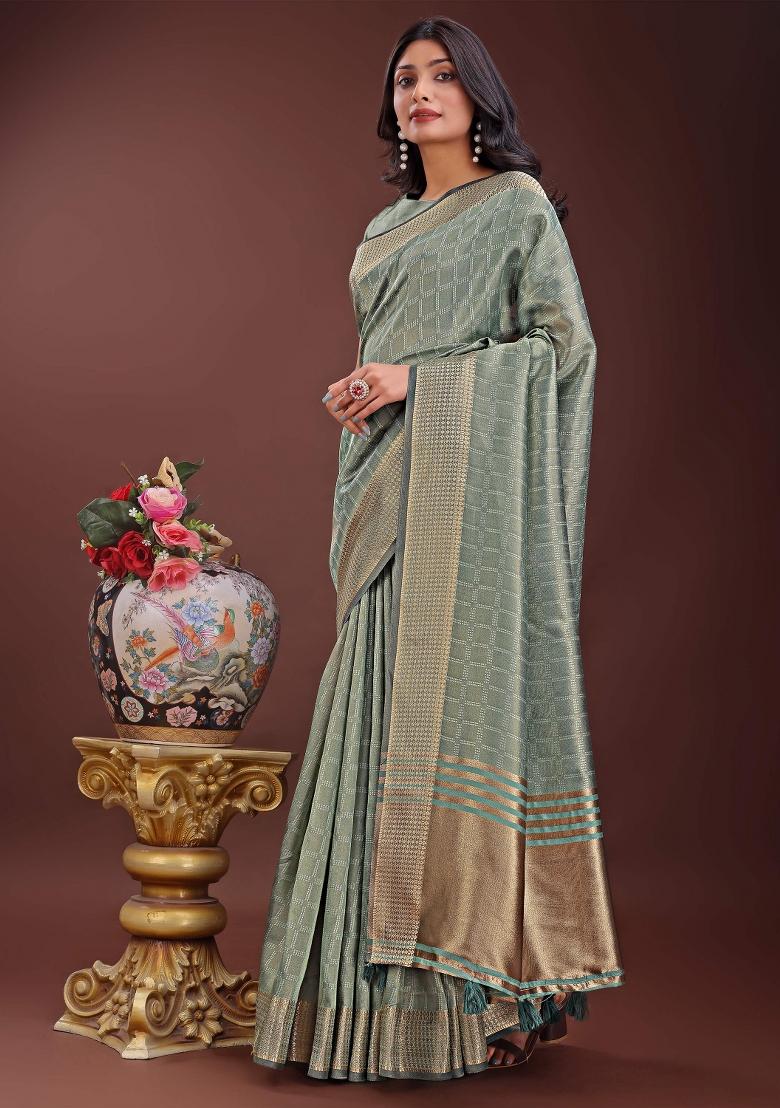 Light Green Printed Organza Saree  Set