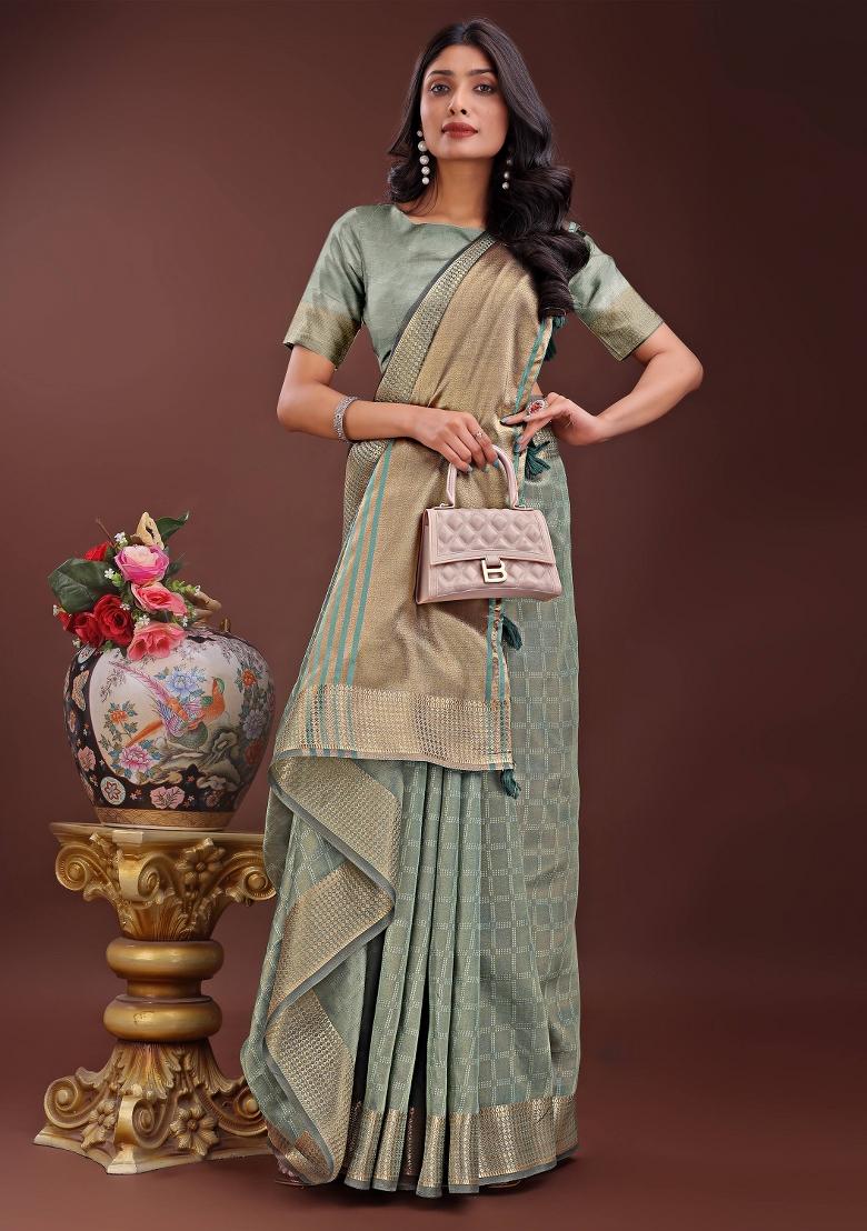 Light Green Printed Organza Saree  Set