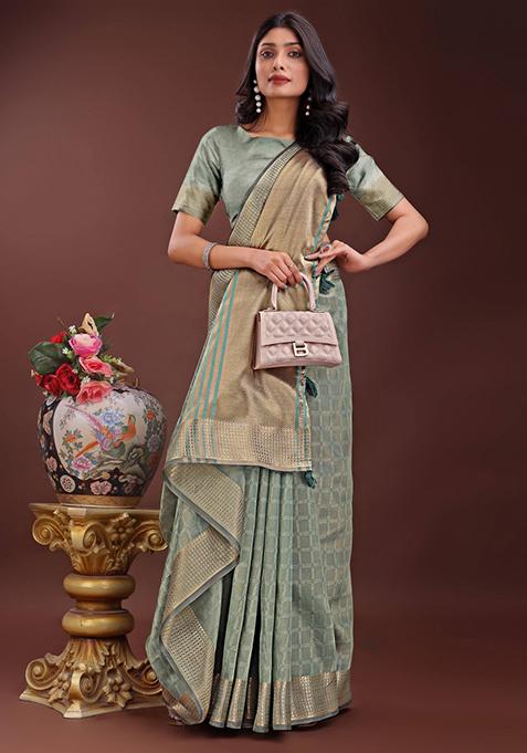 Light Green Printed Organza Saree Set