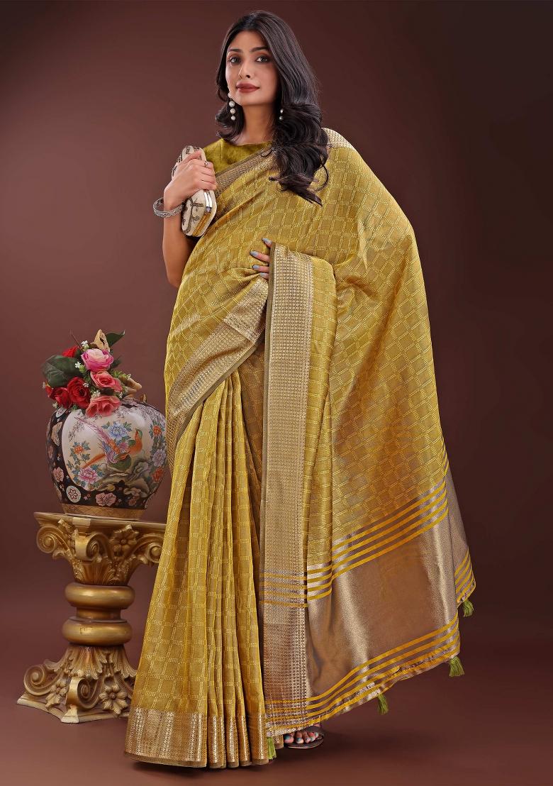 Mustard Yellow Printed Organza Saree  Set