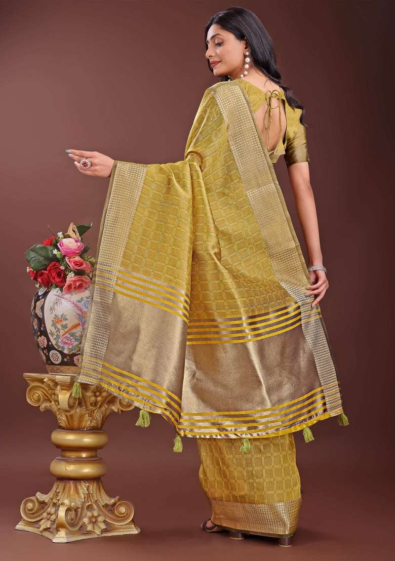 Mustard Yellow Printed Organza Saree  Set - Indya