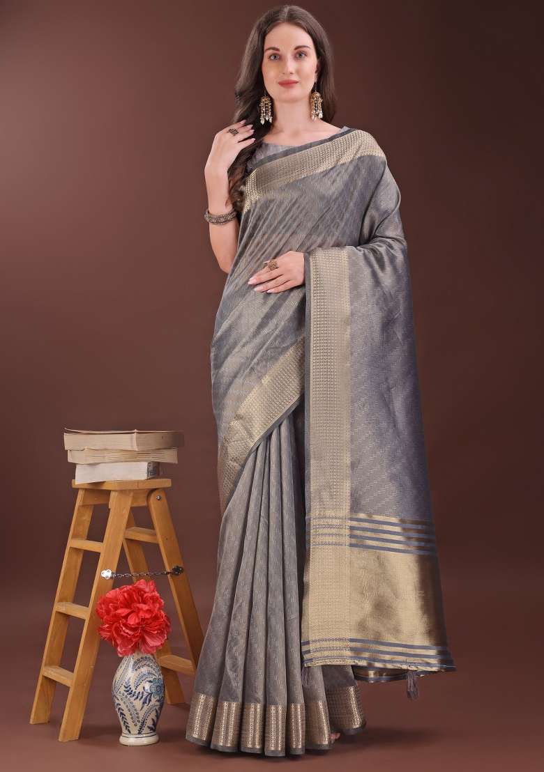 Grey Printed Organza Saree  Set - Indya