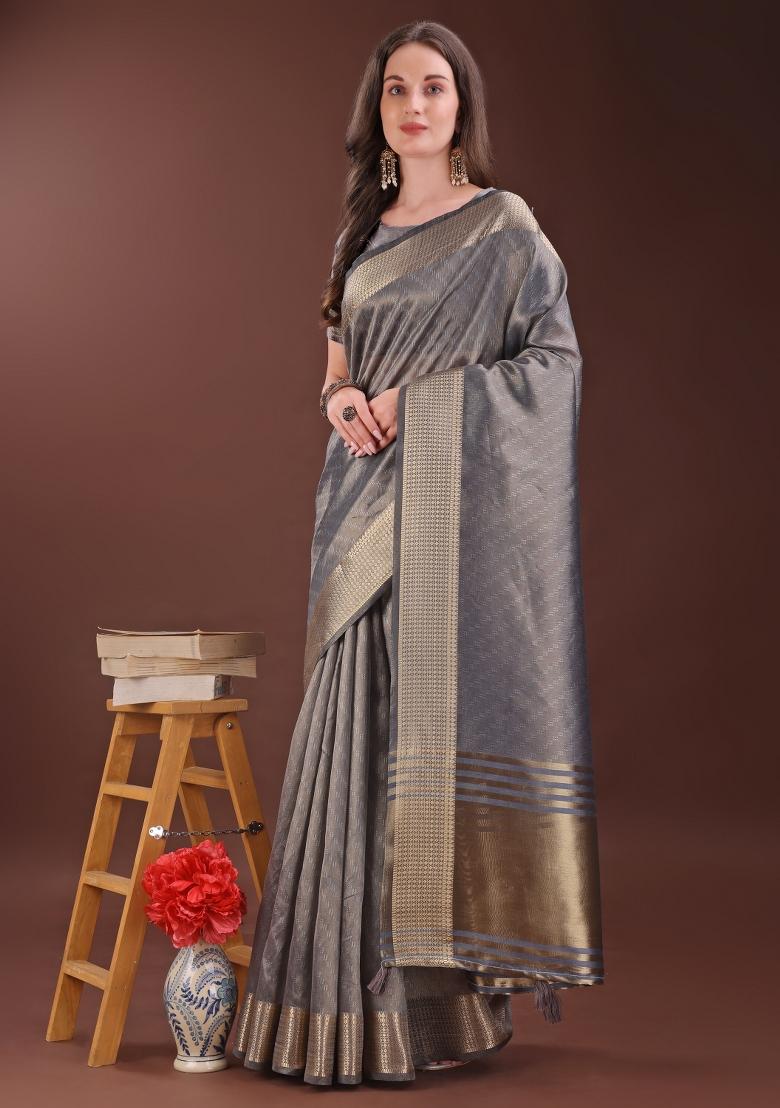 Grey Printed Organza Saree  Set