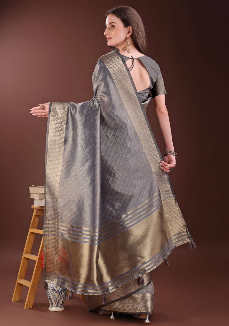 Grey Printed Organza Saree  Set - Indya