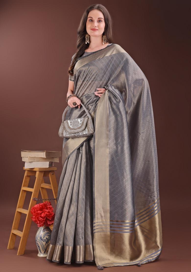 Grey Printed Organza Saree  Set