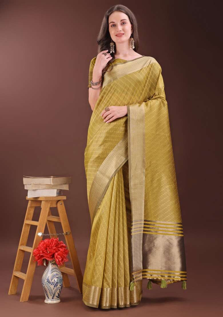 Mustard Yellow Printed Organza Saree  Set - Indya