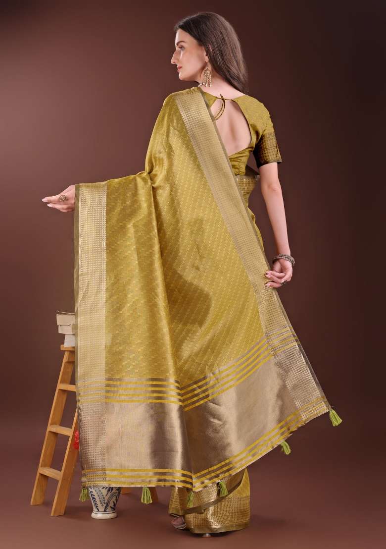 Mustard Yellow Printed Organza Saree  Set - Indya